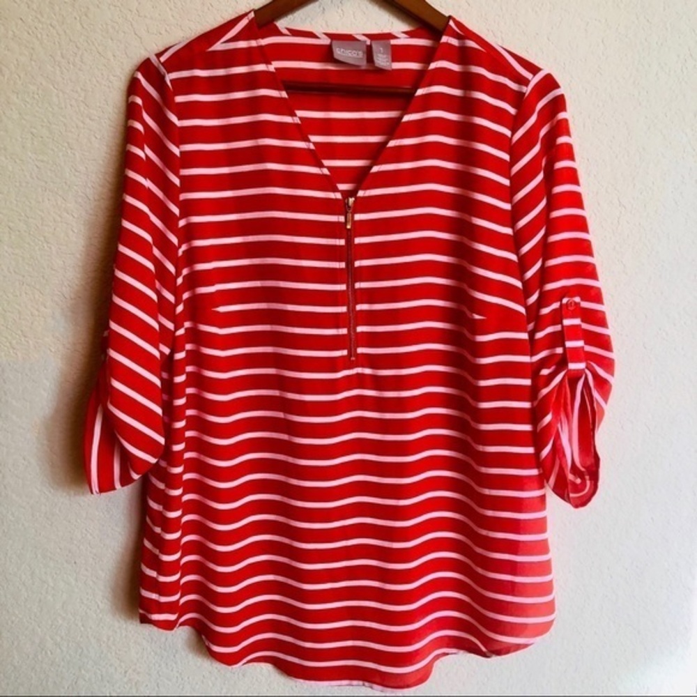Chico's Orange Red and White Striped Top